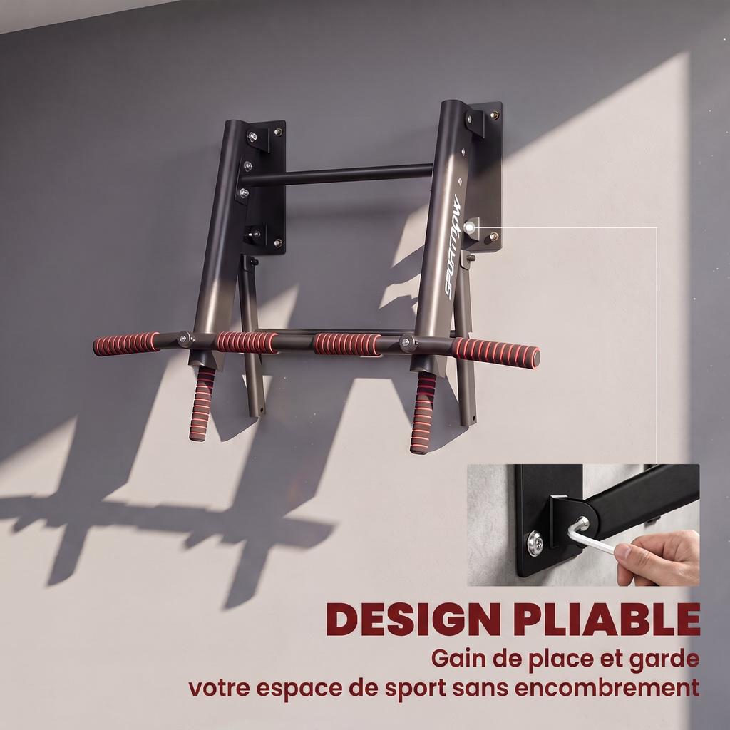 Wall-Mounted Pull-Up Bar, Foldable, Non-Slip Grips, 3 Hooks, 98 x 65 x 31 cm, Black
