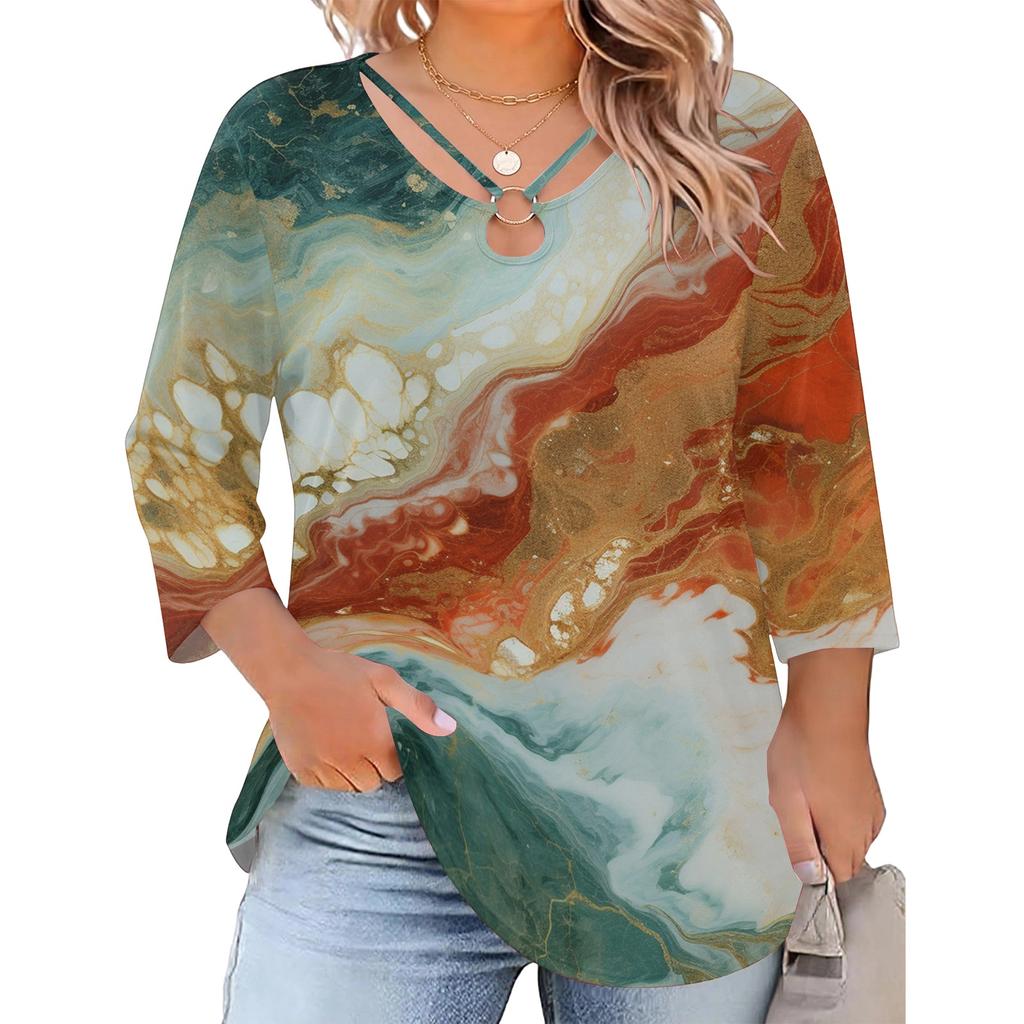 Damen Plus Size Blumenprint Dreiviertelarm Oberteil, Lässige Bluse, Locker Geschnittene Tunika für Frühling Sommer, Tägliches Tragen, Arbeit und Ausgehen