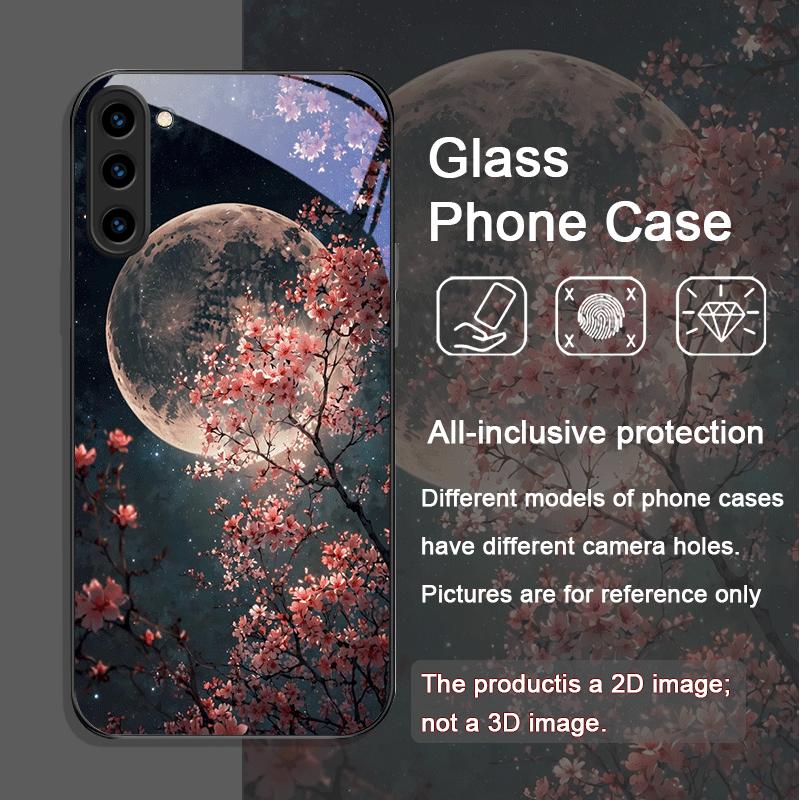 Retro Scenery Moon Cherry Blossom Tempered Glass Phone Case for Samsung Galaxy S25 Ultra S24 S23 S10 Plus S22 S21 S20 FE Covers