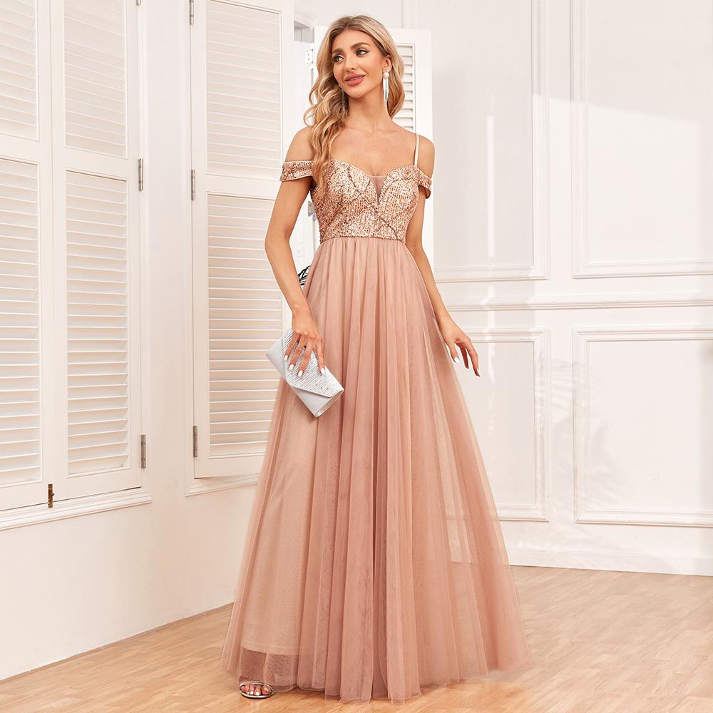 

European & Russian Style Off-Shoulder Spaghetti Strap Sequin Patchwork A-Line Dress S золотой