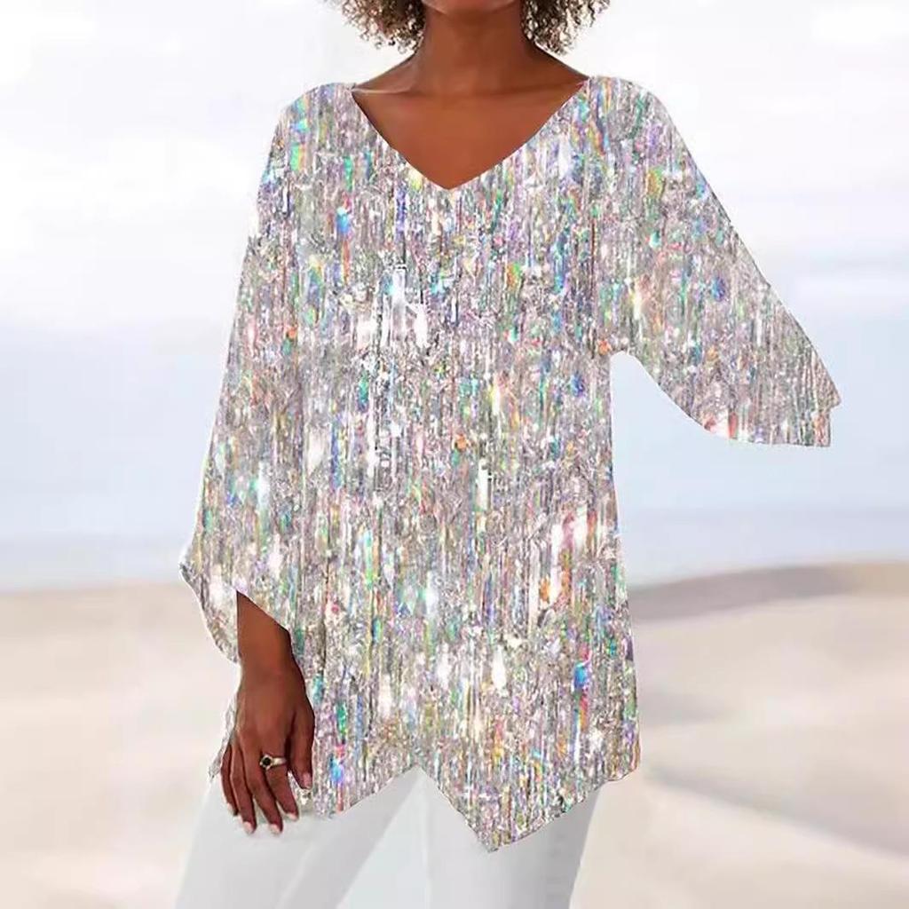 2024 Women's Plus Size Casual V-Neck Long Sleeve Printed Top