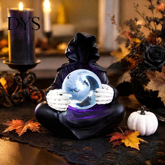 Atmospheric Night Light Faux Crystal Ball Grim Reaper Statue, Gothic Resin Black Robed Creepy Faceless Hood Sculpture with Glowing Clear Ball,