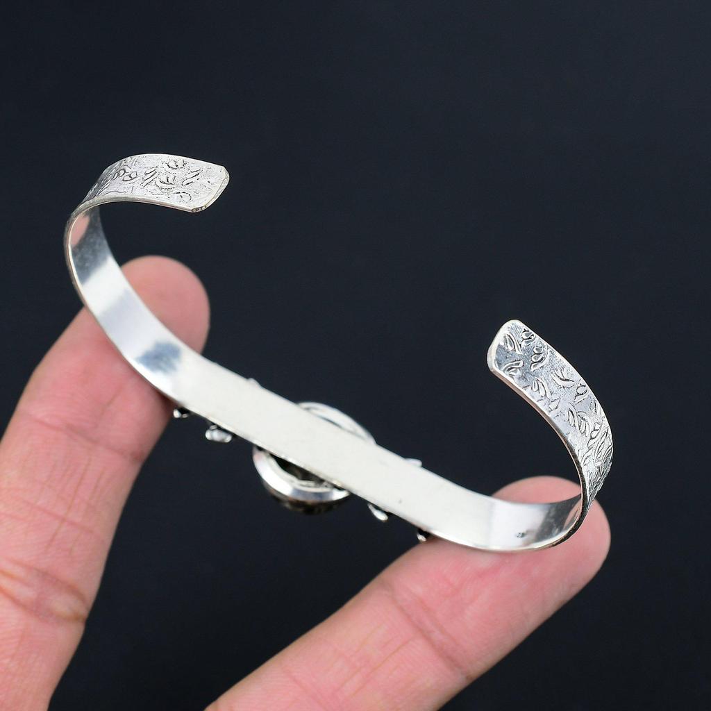 Womens day Deal Round Natural Turritella Agate 925 Silver Flower Mother Bangle