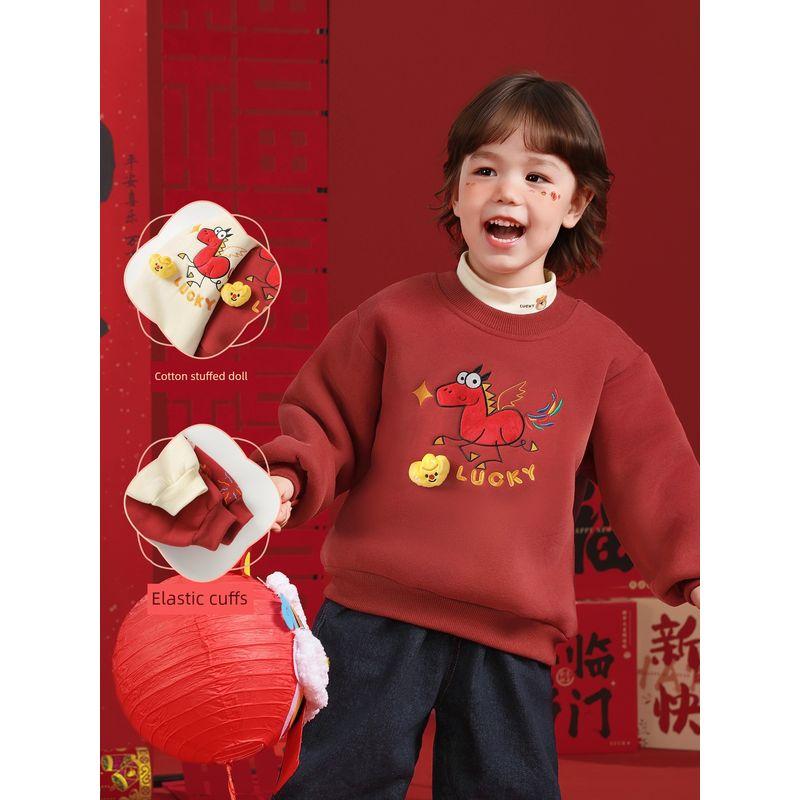 Boys' New Year Fleece-Lined Sweatshirt, Thickened Cartoon Baby Winter Clothing, Children's New Autumn and Winter Red Top, Trendy