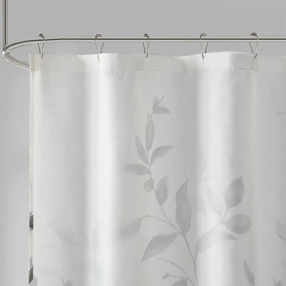 Elegant Gray Leaf Shower Curtain for a Modern Bathroom, Featuring Delicate Branches and Leaves On a Soft White Background