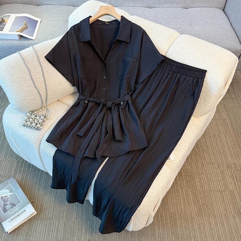 Large-size Women's Summer New Style Lace-up Fitted Short-sleeved Shirt Plus-pants Set