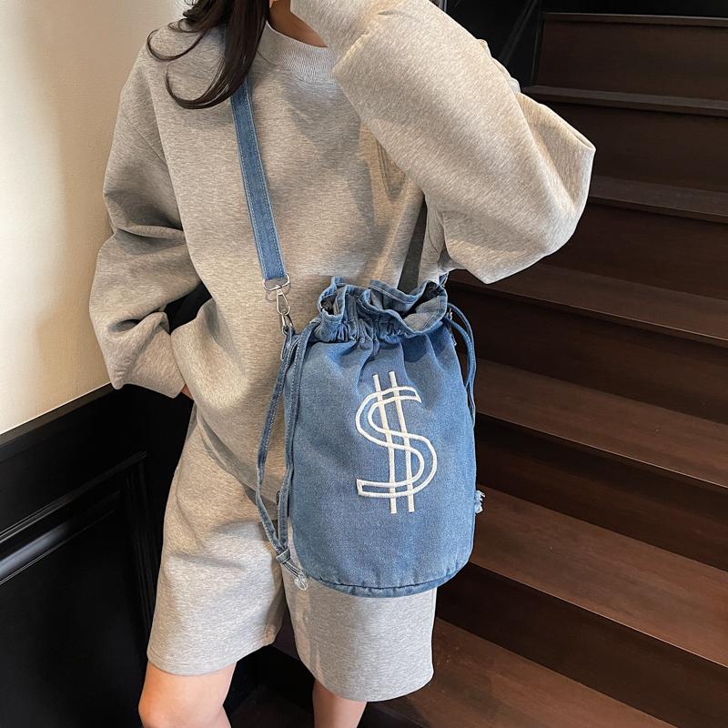 Embroidered Drawstring Bucket Bag Women's Denim Multi-Purpose Shoulder Bag