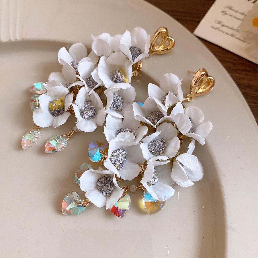 

Silver needle fabric flower fringed earrings holiday style fashionable versatile earrings fresh and sweet earrings niche high sense