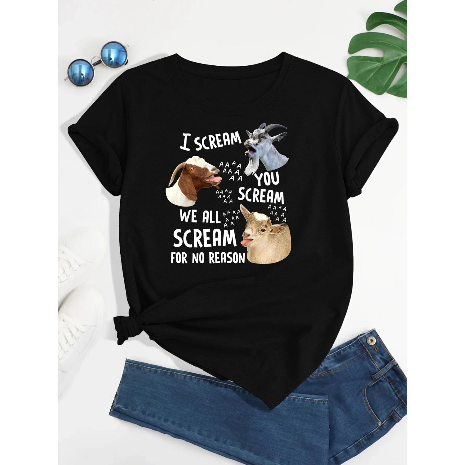 Letter & Animal Print T-shirt Casual Crew Neck Short Sleeve T-shirt Women s Clothing S