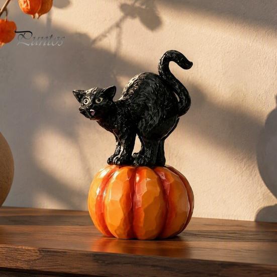 Black Cat Sculpture with Pumpkin Halloween Ornament, Vintage Wood Carving Style Indoor Holiday Tabletop Accents Resin Figurine, Spooky Decor for Home