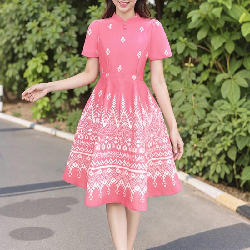 ZANZEA Women Summer Stand Collar Short Sleeve Casual Print Dress