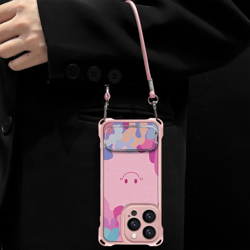 Smiley Face Is Suitable for Apple 13Pro Mobile Phone Case 17 Makeup Bracket 16 Cute 15p Leather Pattern 14 Lanyard Anti-drop Case