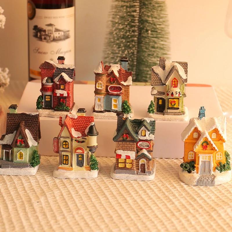[PLUM]Decorations Village House Decor Xmas Lantern Decorative Resin House Collectible Buildings Figurine With LED Light