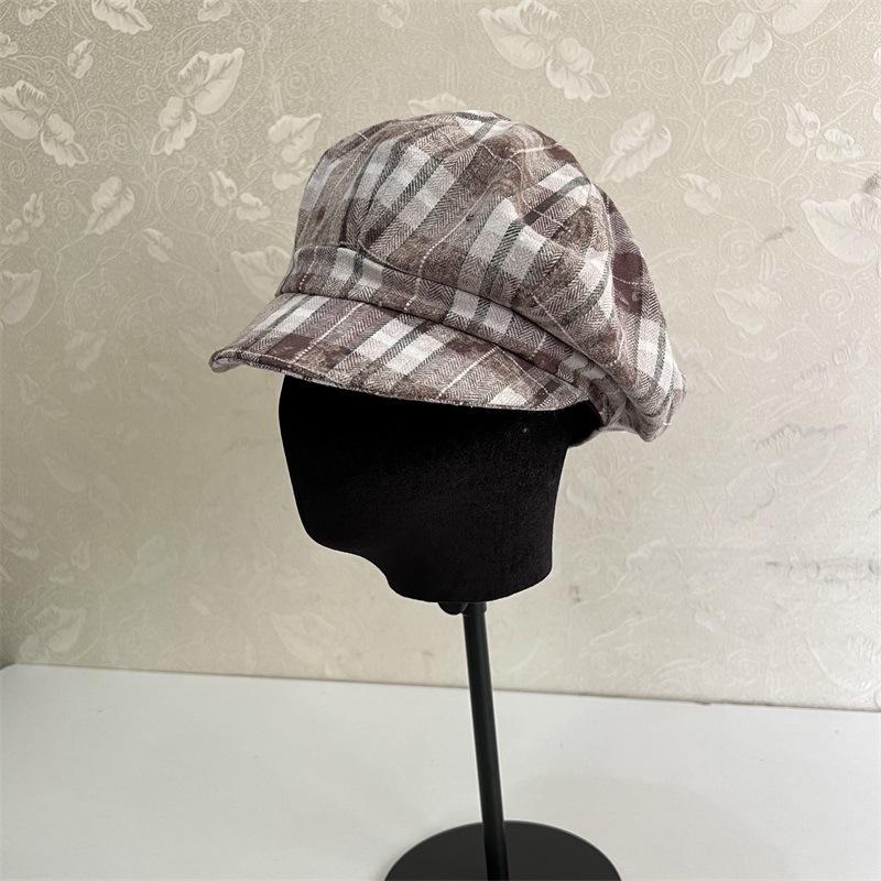 Retro Plaid Forward Hat Female Autumn and Winter Versatile Face Small Painter Newsboy Hat Big Head Circumference Anti-wearing Beret
