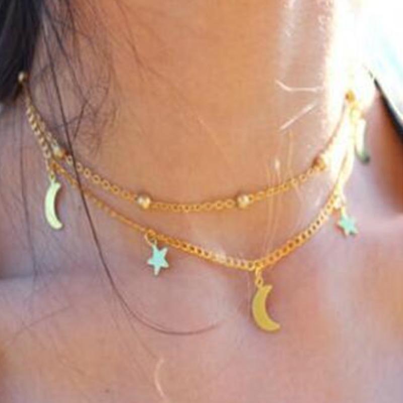 Simple Double-Layer Moon & Star Necklace with Round Beads