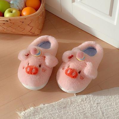 Fashion Fluffy Pink Piggy Slippers for Women Winter Indoor Anti-Skid Home Slippers Warm Ladies Room Shoes House Slides
