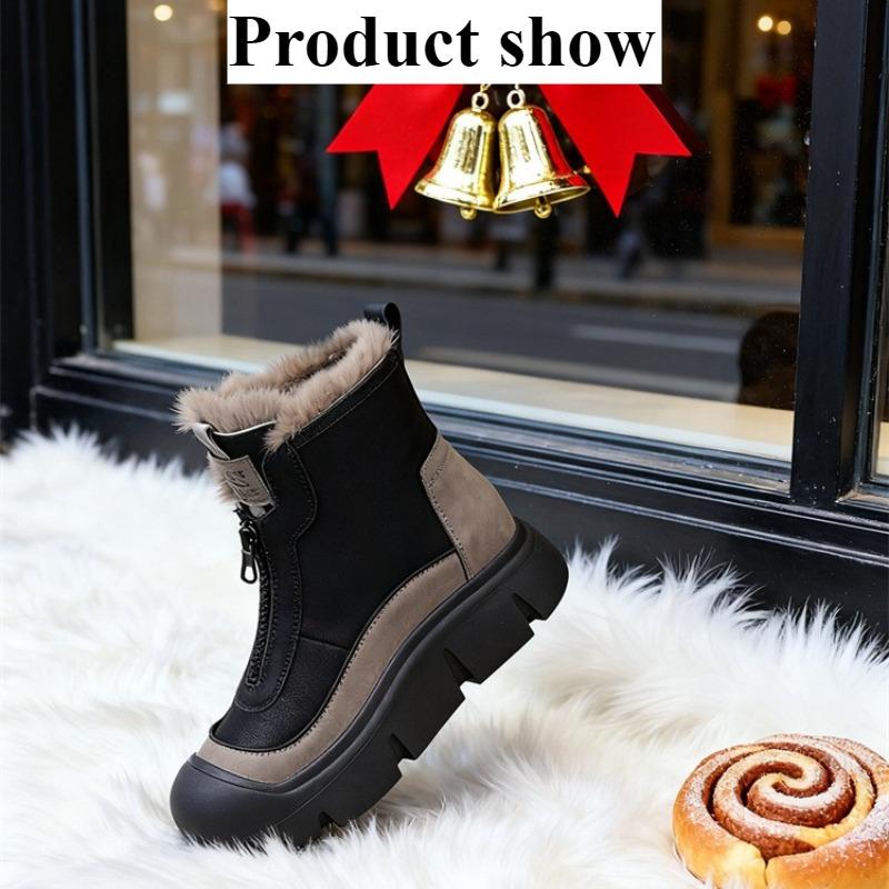 Women's Retro Zipper Fashion Lightweight Soft Sole Winter Warm Plush Snow Boots Lined with Fleece Non-slip Casual Sports Cotton Boots