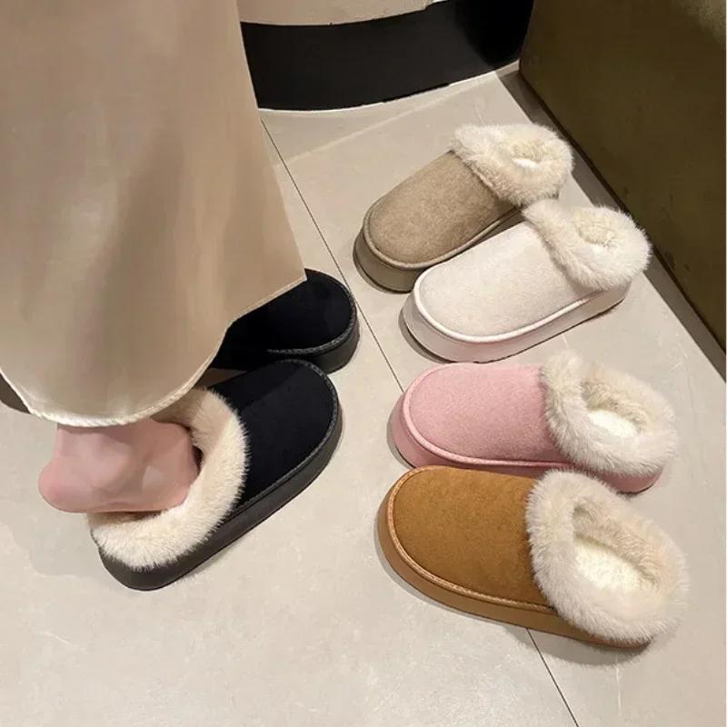 Women's Winter Fashionable Thick Soled Hooded Slippers, Plush Warm Cotton Shoes, Indoor and Outdoor Large-sized Cotton Slippers