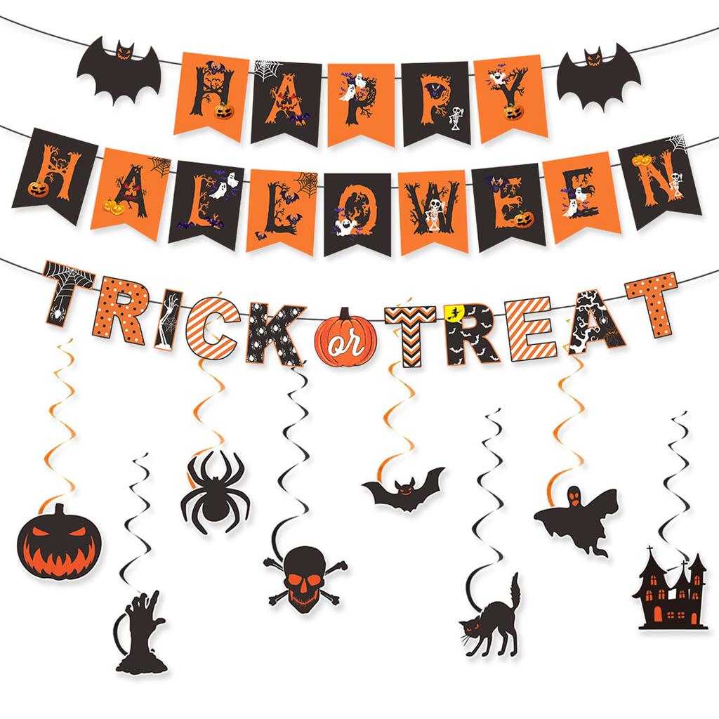 Halloween Party Festive Atmosphere Decor Banner Bat Pumpkin Spider Spiral Ornament Hanging Pendant For All Saints' Day Party