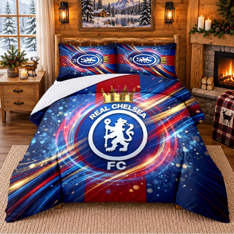 Baskılı 3 Parça Nevresim Takımı Chelsea FC Desenli Çarşaf Yastık Kılıfı Yatak Odası Dekorasyonu İçin
