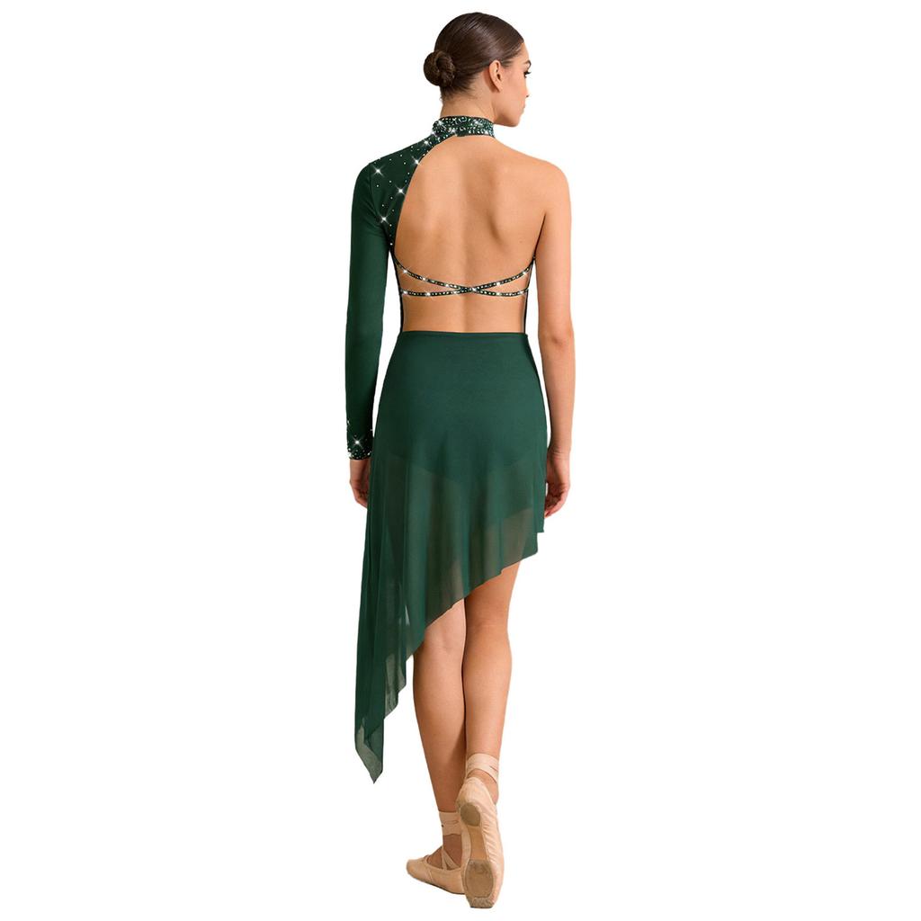 Body Vestito da Danza Lirica da Donna con Strass Manica Lunga Singola Orlo Irregolare in Rete