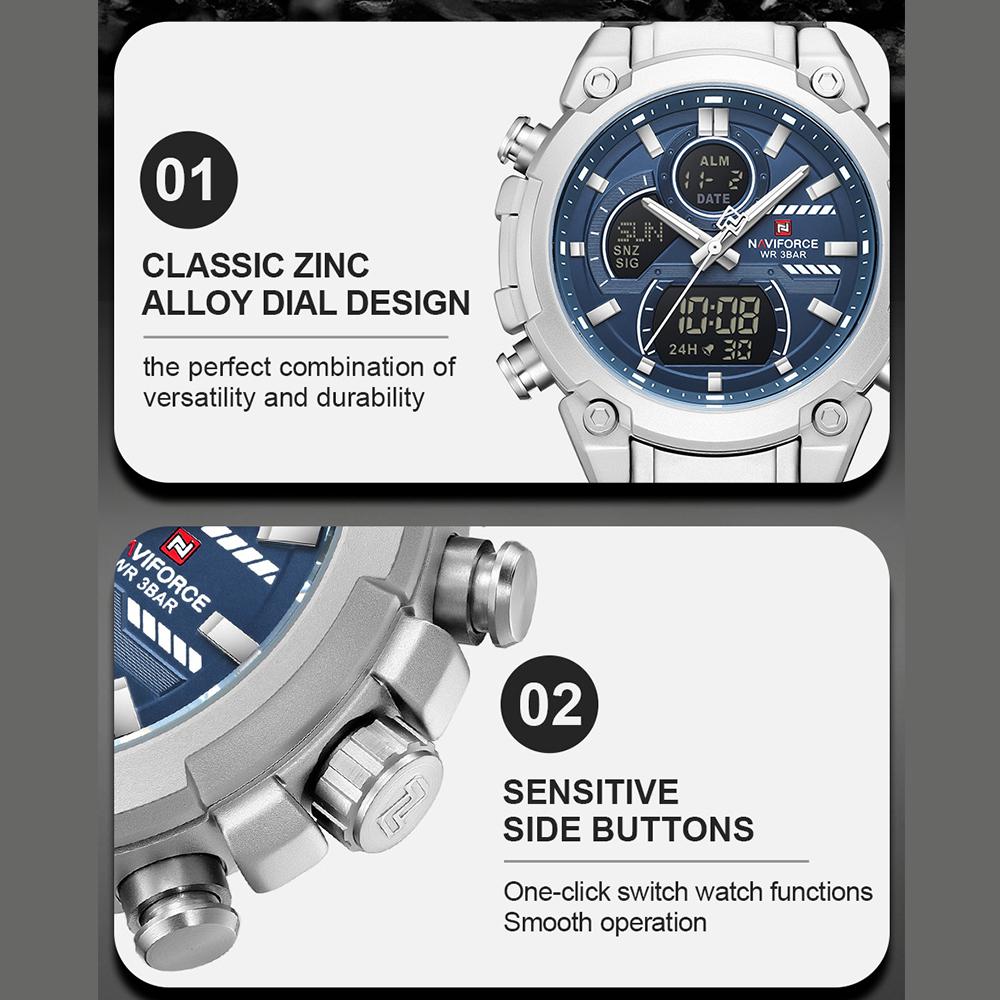 Naviforce Men Dual Time Watch Quartz Movement LCD Digital Chronograph Luminous Hands Stainless Steel Strap Waterproof Men Watch NF9278