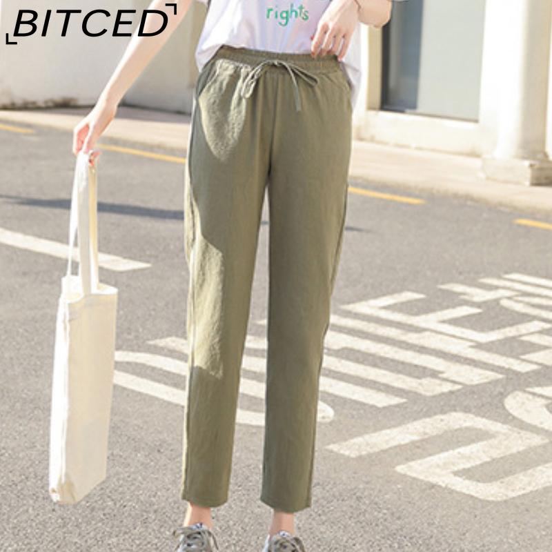 BITCED 9 Color Pure Cotton Nine Point Trousers Spring Summer Slim Straight Loose Casual Pants Women Solid Color Harem Pants