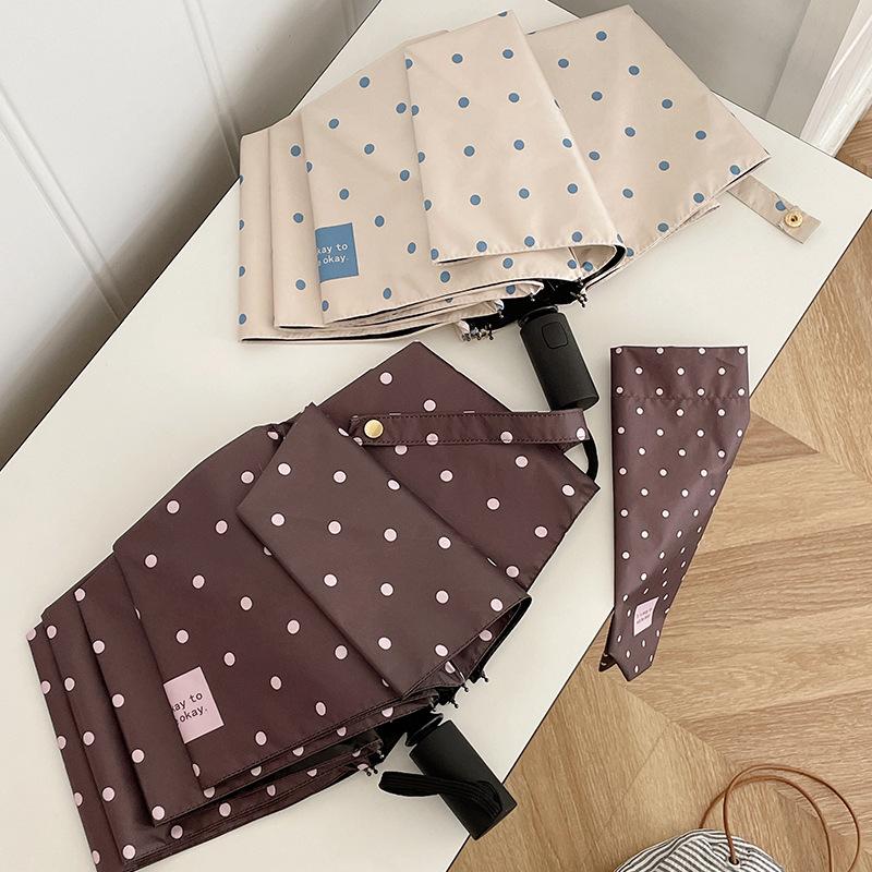 Korean Small Polka Dot Automatic Folding Umbrella, High Value, Small Fresh Weather and Rain Sun Umbrella, Female Vinyl Parasol