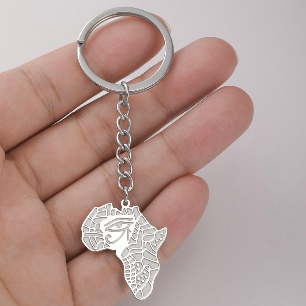 Dawapara Eye of Horus Africa Map Pendant Keychain Ancient Egyptian Symbols Keyring Protection Talisman Stainless Steel Jewelry