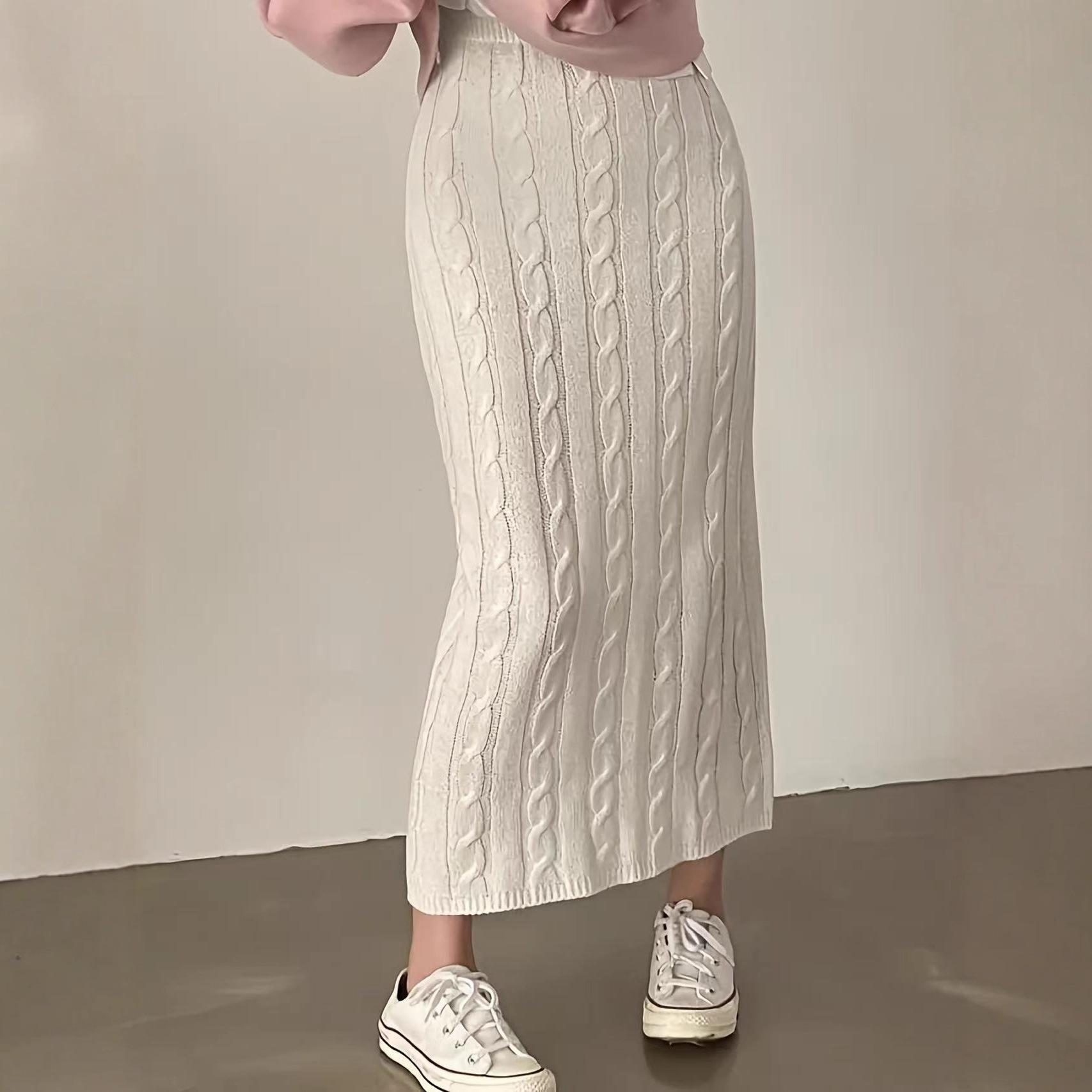Autumn/Winter Women s High-Waisted Cable Knit Bodycon Midi Skirt Small слоновая кость