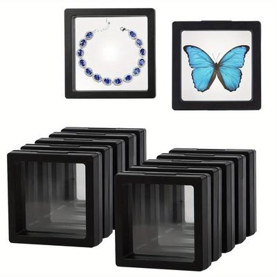 10 Stück 3D-Schutzhülle mit schwebendem Rahmen, schwarzem Displayrahmen und transparentem Ständer für Schmuck-Medaillenproben