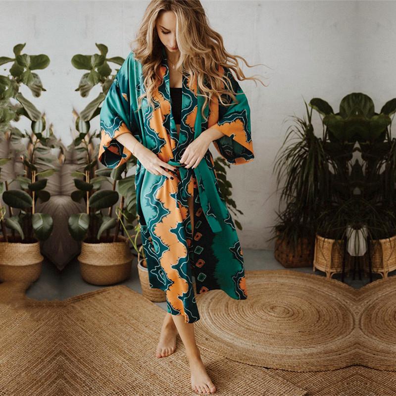 Grün Vintage Bikini Set Vertuschungen Retro Sommer Strand Kimono Kleid Frauen Sommer Beachwear Badeanzug Cover Up A1481
