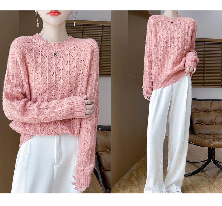 Women's Loose Wool Sweater - Half-High Neck, Diamond Cutout, Crocheted, 100% Pure Wool, Long Sleeve Knit