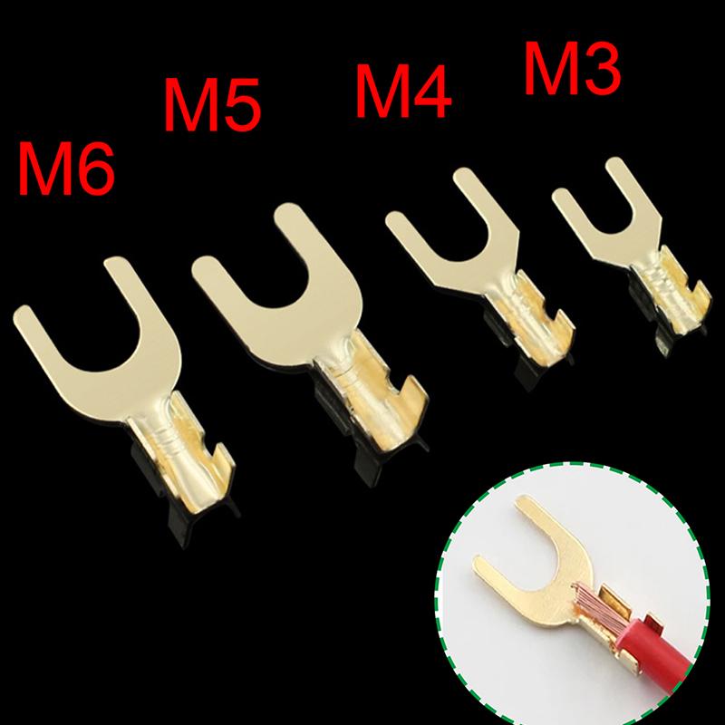 100Pcs U-Shaped Brass Cable Lugs - 3.2/4.2/5.2/6.2MM Grounding Fork Terminals & Bare Butt Connectors