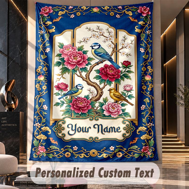 Floral Birds Artwork 1 Theme Wall Tapestry Customized With Name Text Personalized Hanging Tapestry For Bedroom Living Room Decor