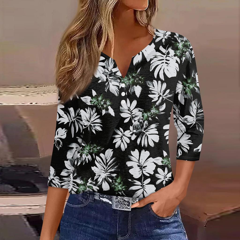 Damska koszulka z nadrukiem na guziki, rękaw 3/4, codzienna, weekendowa, modna, podstawowa, dekolt w serek, regularny top