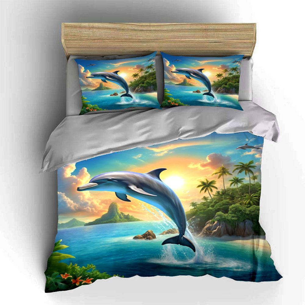 Dolphin Leaping With Tropical Scenery Bedding Set For Kids Luxury Gift 3Pcs Digital Print Comforter Set Soft Comfortable