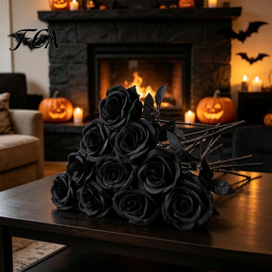 Long Stem Faux Flowers Realistic Silk Black Roses with Stems for Wedding Centerpieces, Halloween Home Durable Floral Decor, Artificial Arrangements