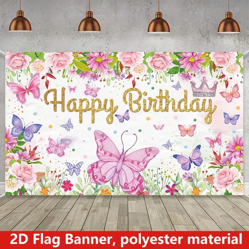 2D Princess Crown Butterfly Backdrop for Girl's Elegant Themed Party Decor