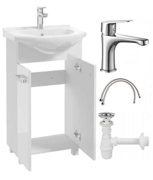 Bathroom cabinet with a washbasin on legs 85x50, standing, white Mila, with an elongated chrome tap
