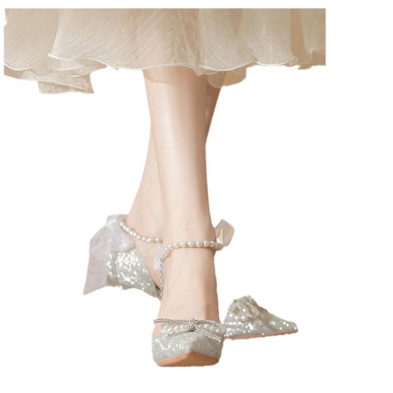 Shiny High Heels Pointed Toe Silver Women Pumps Metallic Crystal Sandals Bow Stiletto Heeled Shoes Party Dress Shoes Woman