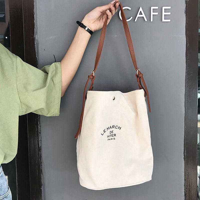 Korean Style Simple Canvas Bucket Bag Synthetic Leather Adjustable Straps Sling Bag For Women Simple Studen Christmas Gift