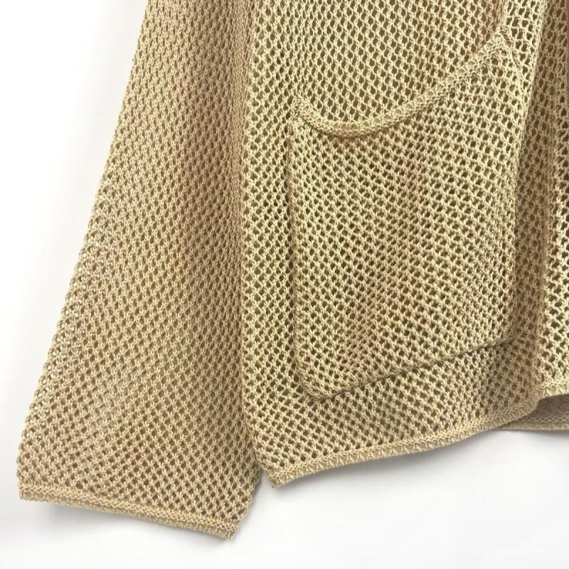 Womens Loose Knit Cardigan Sweater With V-Neck Crochet Detail 2025 Streetwear Style Yellow-Ochre
