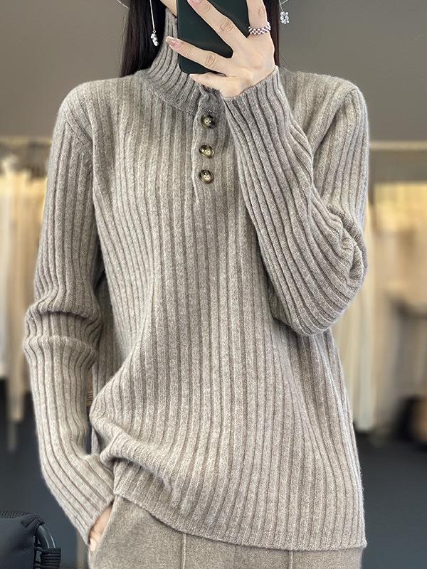 Women's Striped High Neck Wool Sweater - Half-Button, Slimming Fit, Autumn/Winter Knit Pullover
