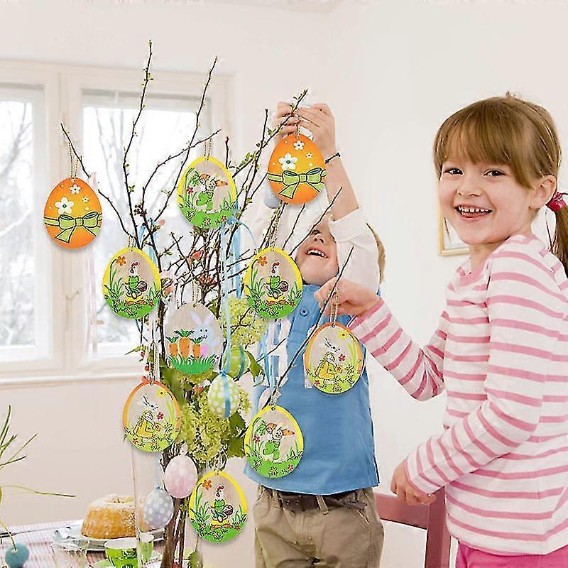 10pcs Wooden Easter Pendants Diy Painted Bunny Eggs Hanging Ornament Wood Slices For Home Decor Happy Easter Party Supplies Gift 25-26