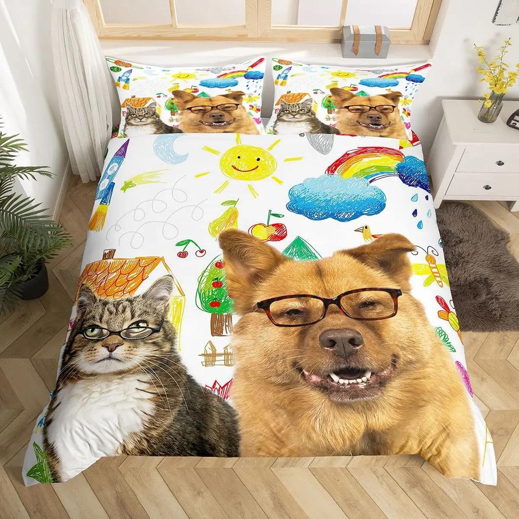 Boys Girls Kids 3D Bedding Cute Animal Pet Kitten Lovely Kitten Puppy Duvet Cover Cartoon Dog Animal Design Bedroom Decoration