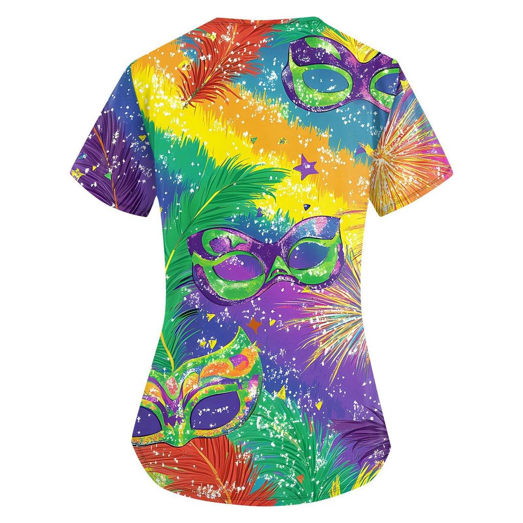 Módní dámské pracovní oděvy s výstřihem do V a krátkým rukávem s kapsami