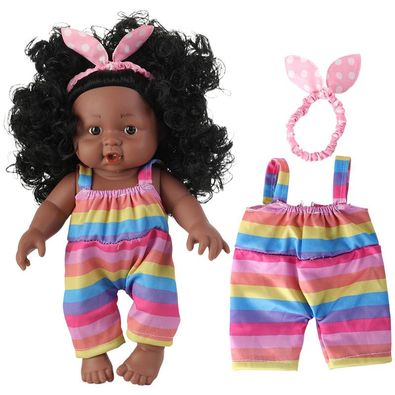 12 Inch African Black Doll Simulation Baby Vinyl Figure Cute Dark Skin Curly Hair Reborn Doll Movable Joints Kids Play House Toy