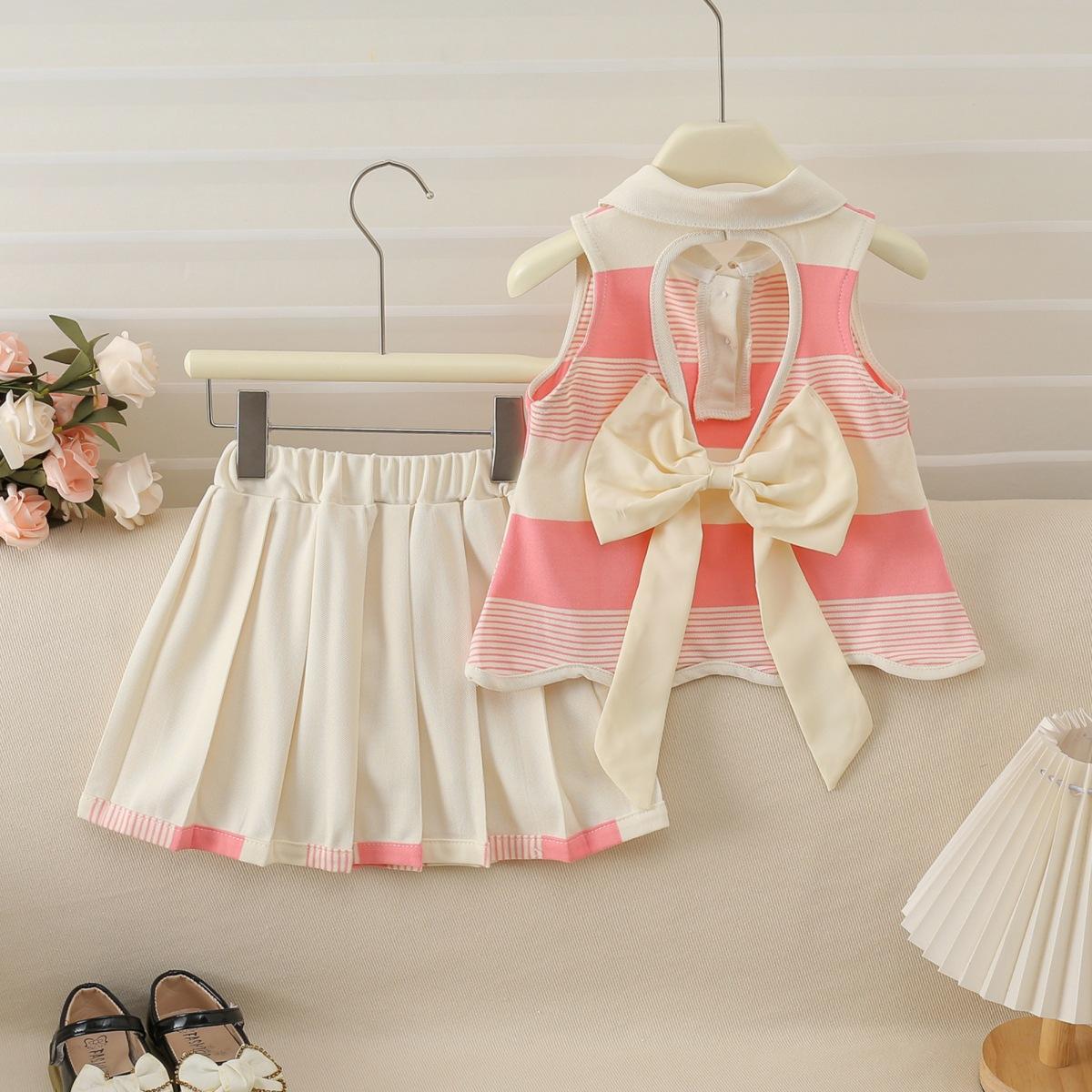 Girls Summer Skirt Set New Fashionable Backless Bow Pleated Skirt Two-Piece Set 90cm розовый