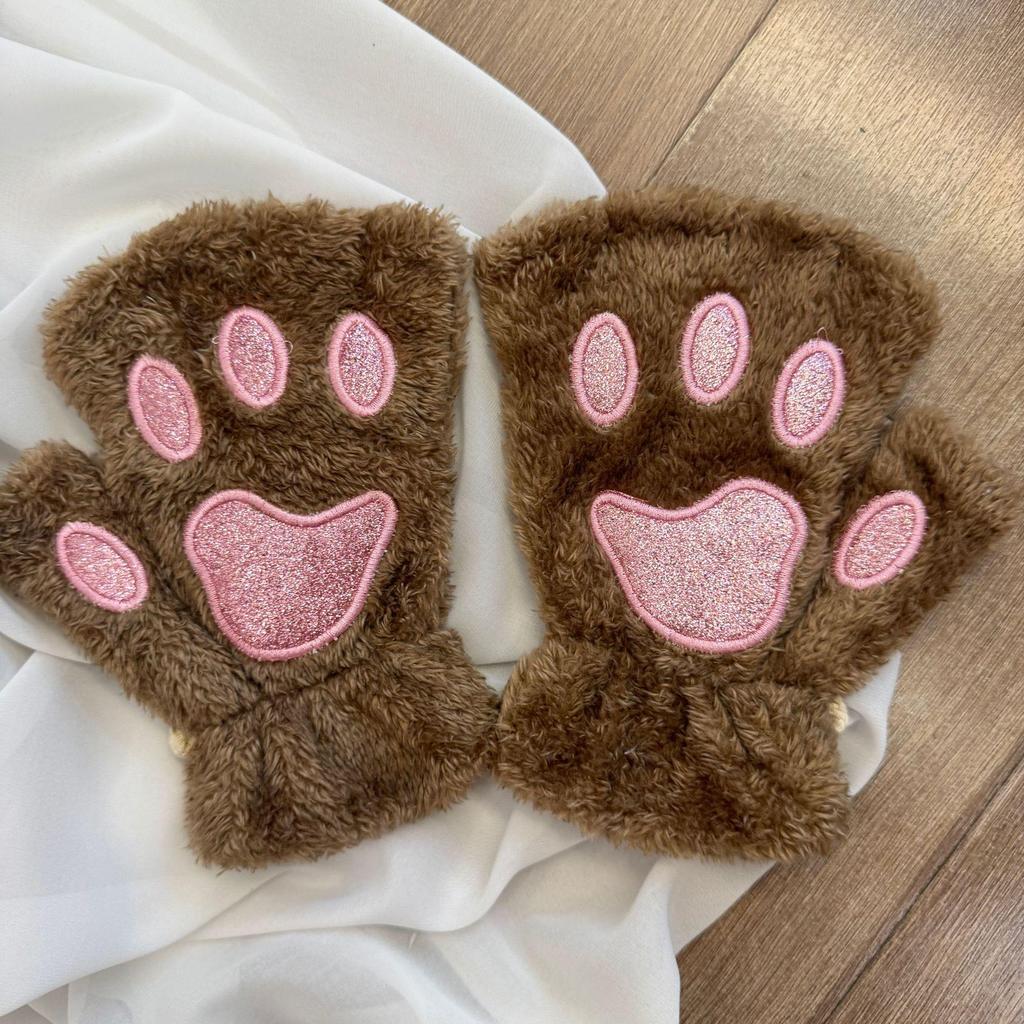 Women's Cute Cat & Bear Paw Fingerless Fleece Gloves
